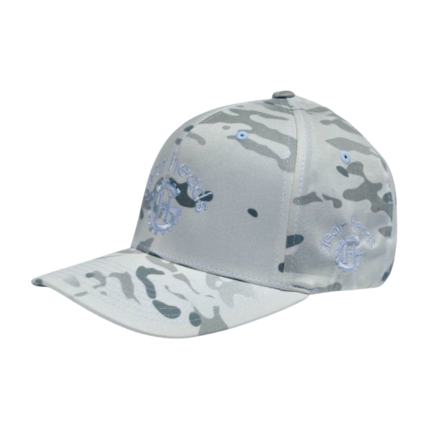 White Camo Embroidered Gear Heads FlexFit Hat