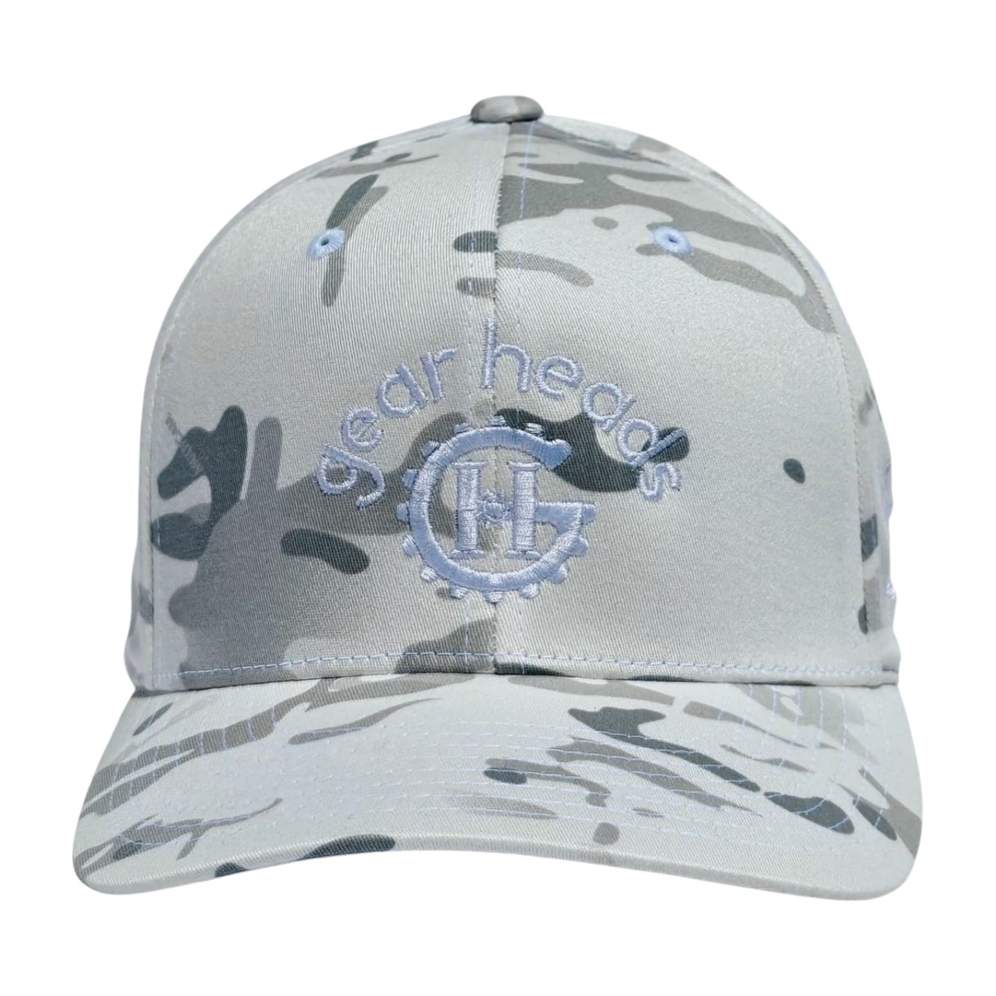 White Camo Embroidered Gear Heads FlexFit Hat