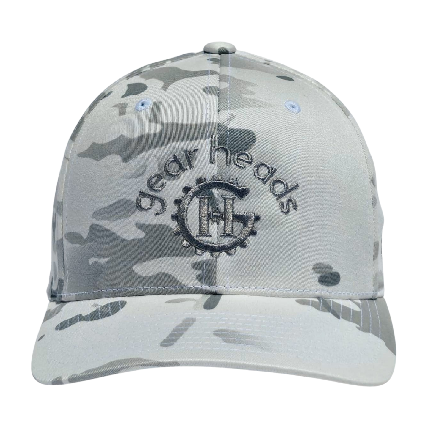White Camo Embroidered Gear Heads FlexFit Hat