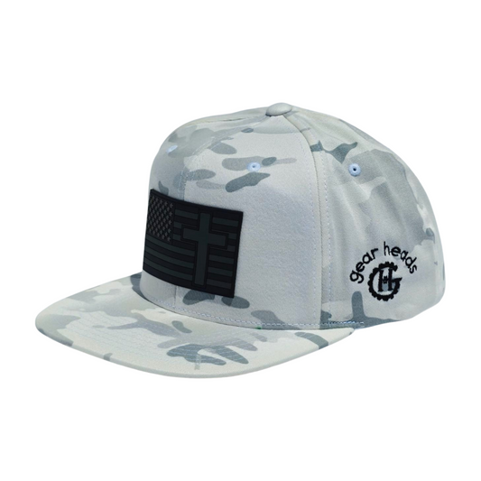 White Camo US Flag & Cross Snapback